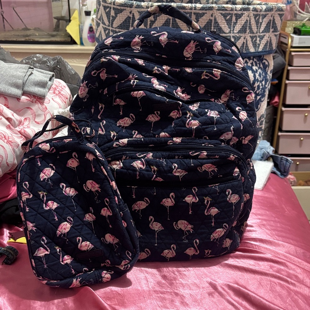 Vera Bradley Flamingo Print Backpack Set - Navy and Pink